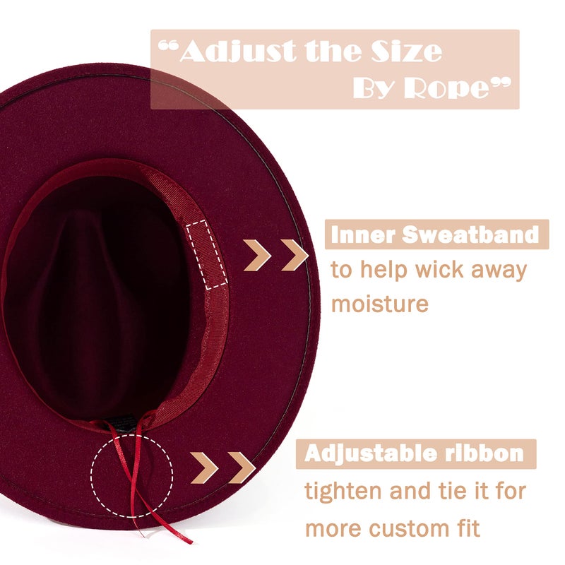 Lisianthus Men & Women Vintage Wide Brim Fedora Hat with Belt Buckle A-Wine 56-58cm - Image 5